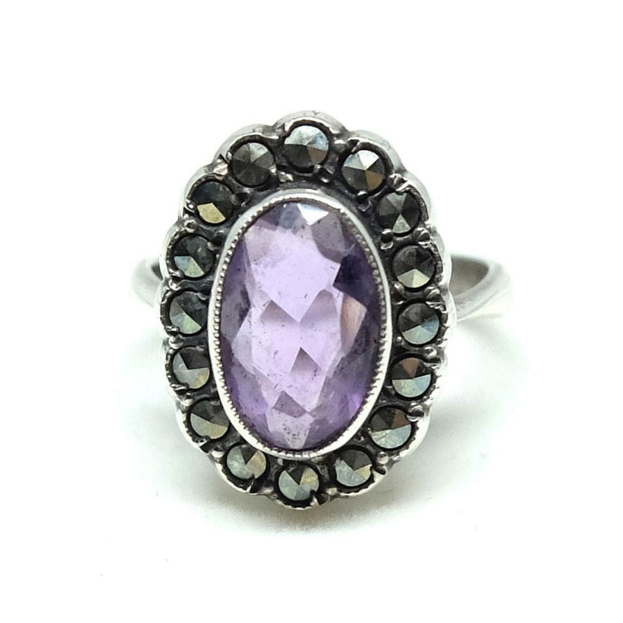 Vintage 1940s Marcasite Amethyst Gemstone Silver Ring | J / 5