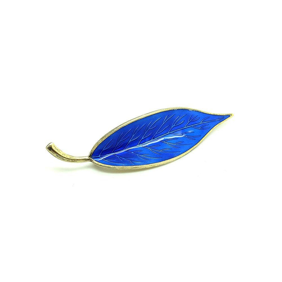 Vintage 1950s Danish Meka Silver Gilt Blue Enamel Leaf Brooch Pin