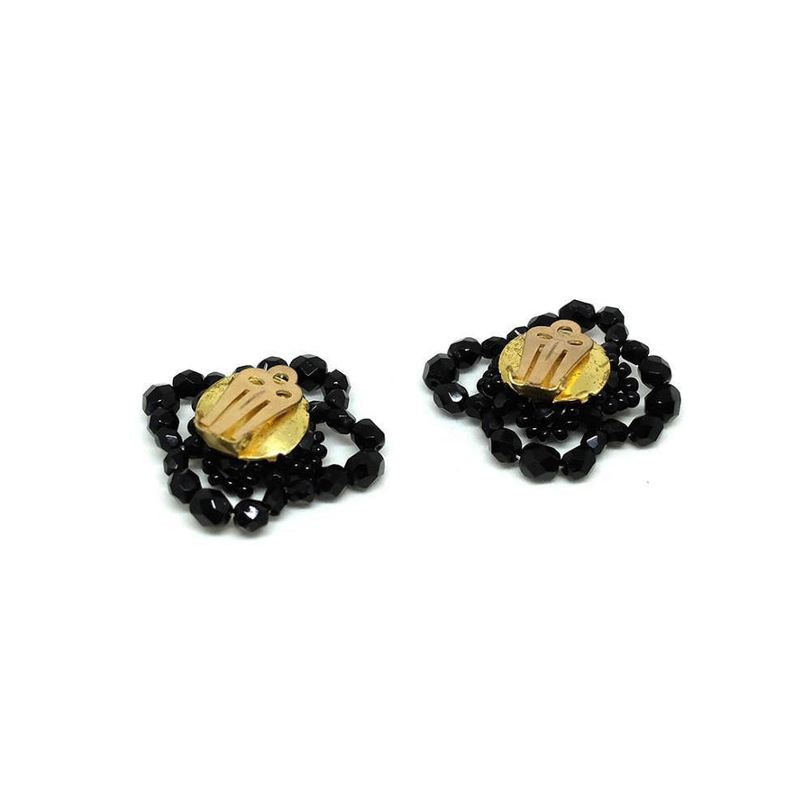 Vintage 1950's Black Beaded Flower Clip Earrings