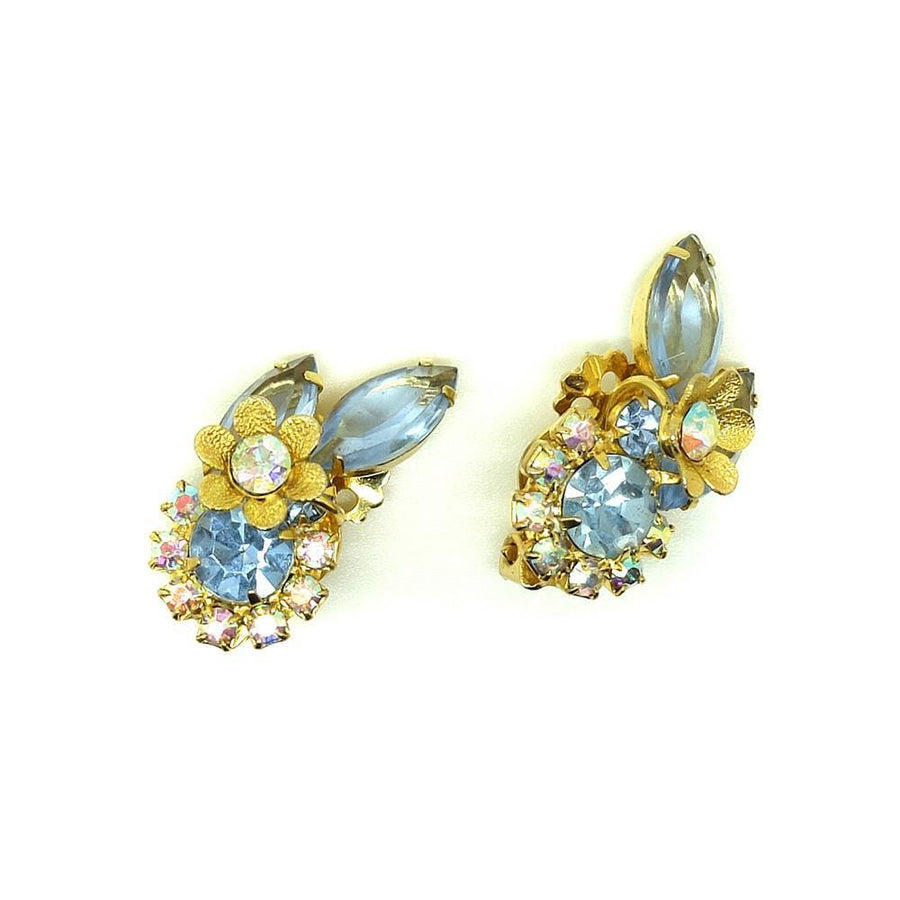 Vintage 1950s Blue Flower Clip on Earrings