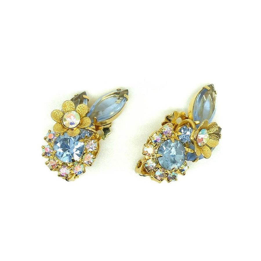 Vintage 1950s Blue Flower Clip on Earrings