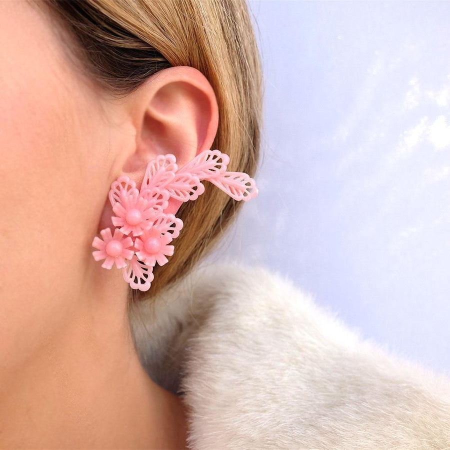 Vintage 1950s Floral Pink Crawler Clip Earrings