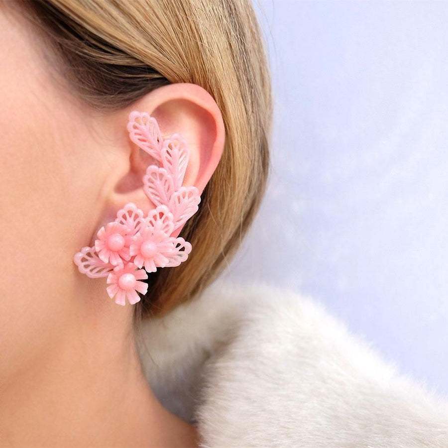 Vintage 1950s Floral Pink Crawler Clip Earrings
