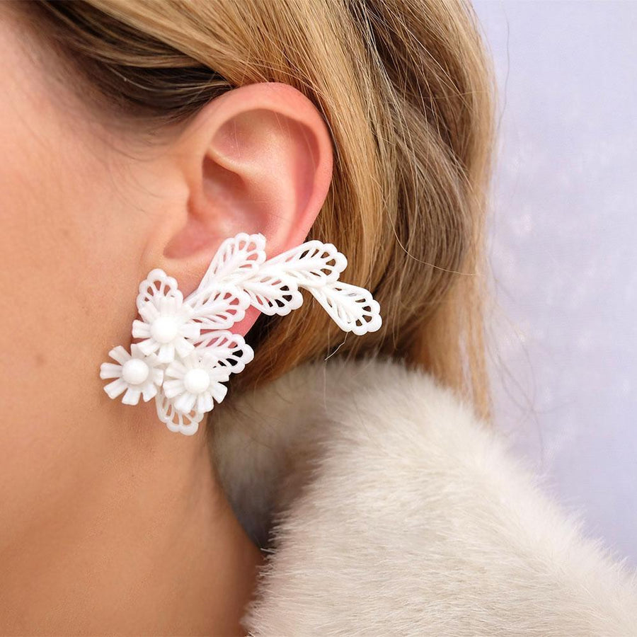 Vintage 1950s Floral White Crawler Clip Earrings
