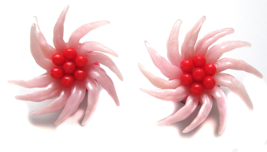 Vintage 1950s Pink Flower Clip Earrings