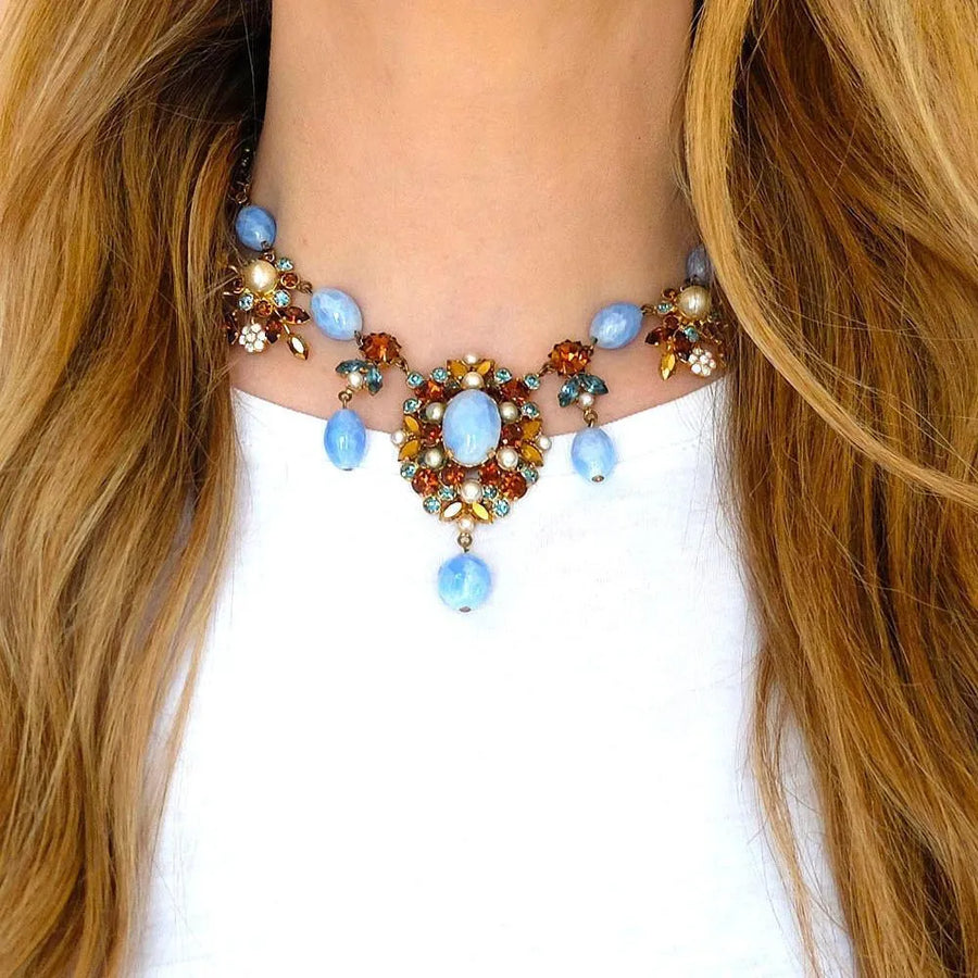 Vintage 1950's Blue Diamante Statement Necklace - Mayveda Jewelry