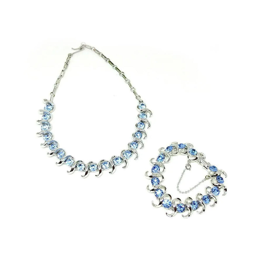 Vintage 1950's Coro Jewelcraft Blue Diamanté Choker Necklace & Bracelet Set - Mayveda Jewelry