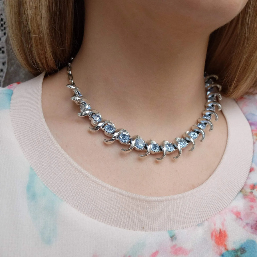 Vintage 1950's Coro Jewelcraft Blue Diamanté Choker Necklace & Bracelet Set - Mayveda Jewelry
