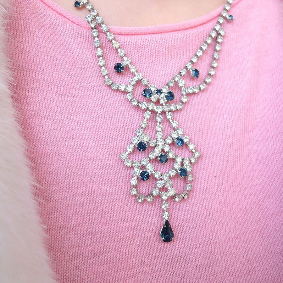 Vintage 1950's Hollywood Diamanté Blue Tiered Necklace