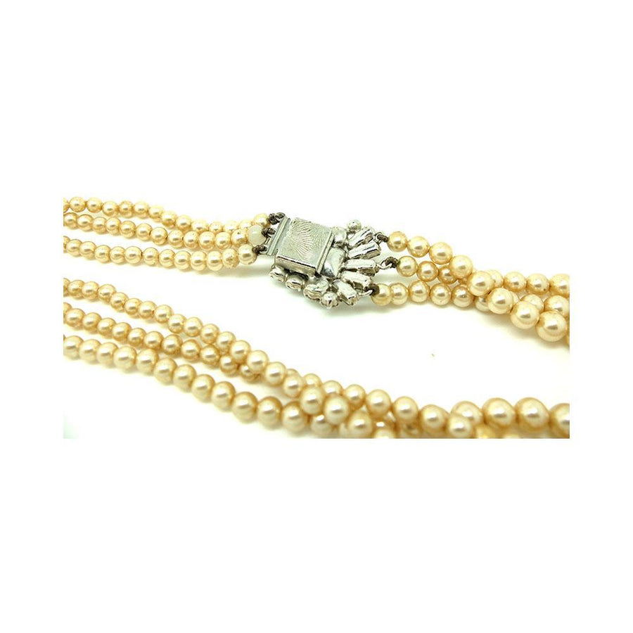 Vintage 1950s Faux Pearl Diamante Sapphire Glass Necklace