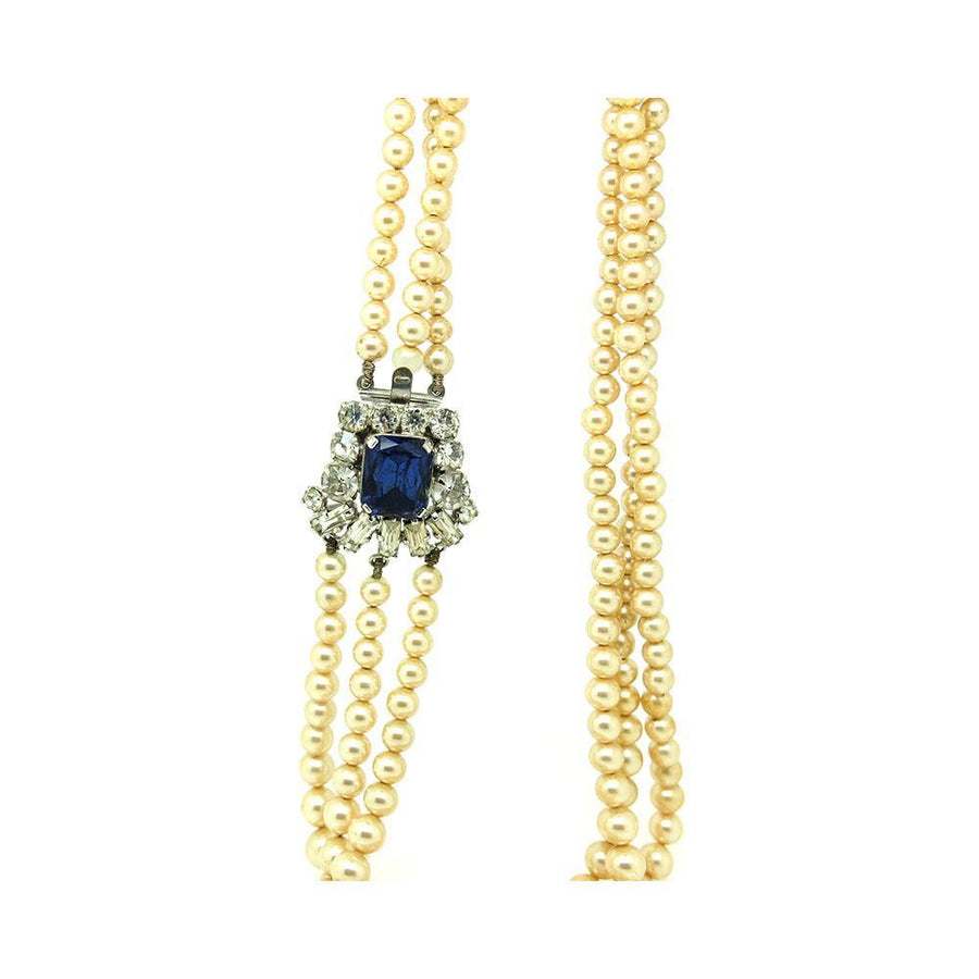 Vintage 1950s Faux Pearl Diamante Sapphire Glass Necklace