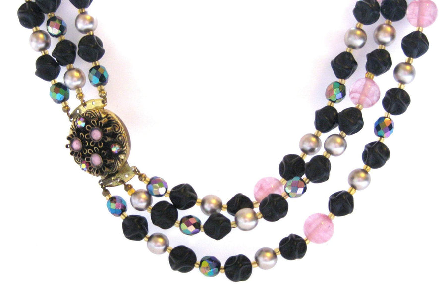 Vintage 1950s Pink & Black Glass Necklace
