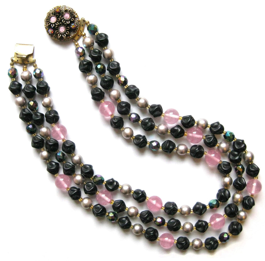 Vintage 1950s Pink & Black Glass Necklace