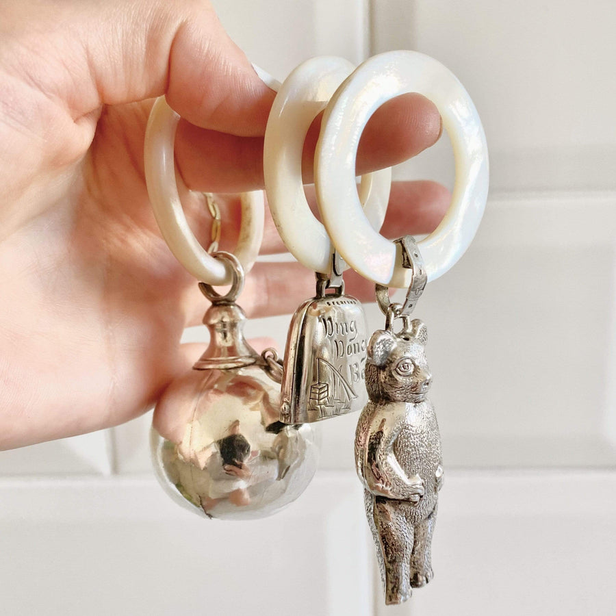 Vintage Mid-Century Silver Teddy Bear Teething Ring Rattle