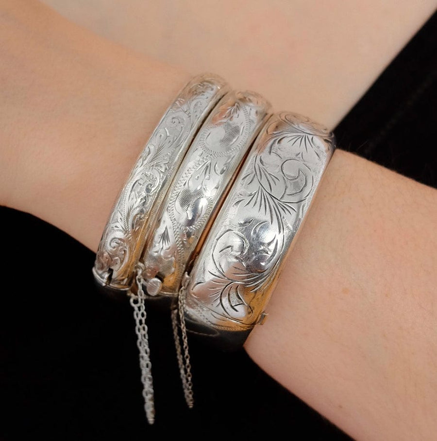 1960s Bracelet Vintage 1960s Engraved Wide Silver Bangle Bracelet Mayveda Jewellery