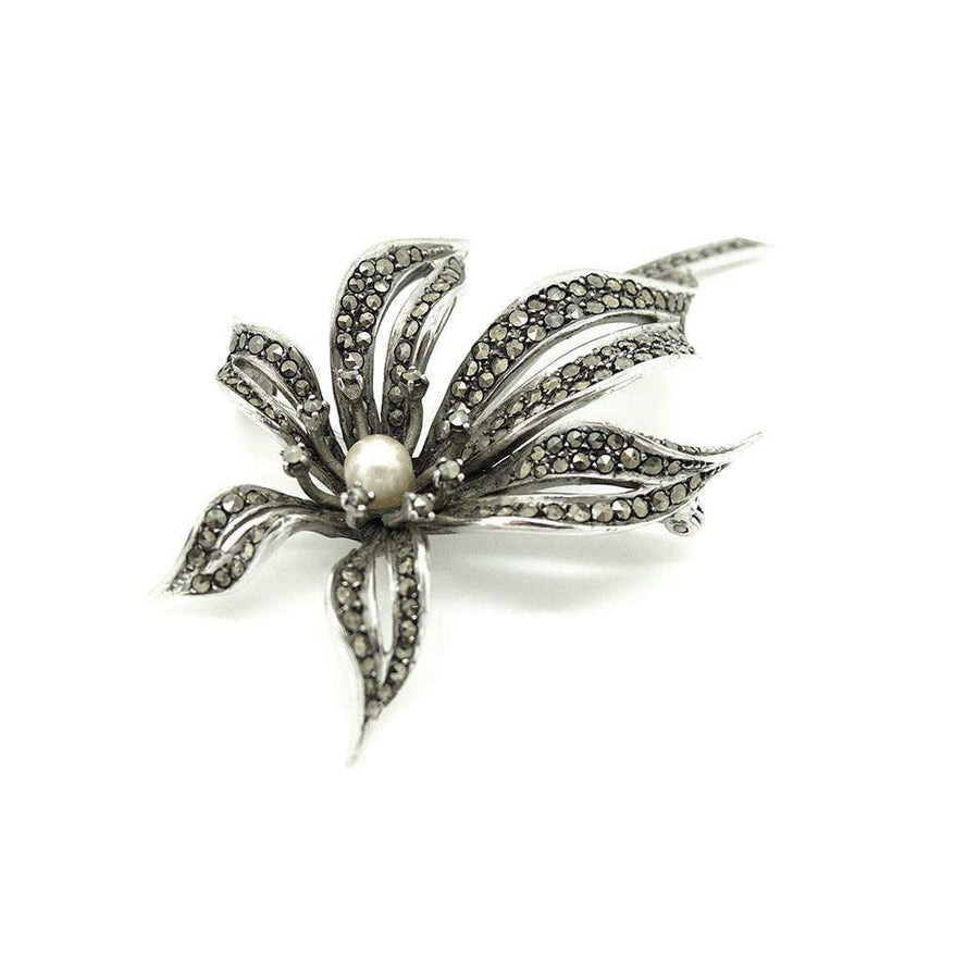 Vintage 1930s Marcasite Pearl Flower Silver Brooch