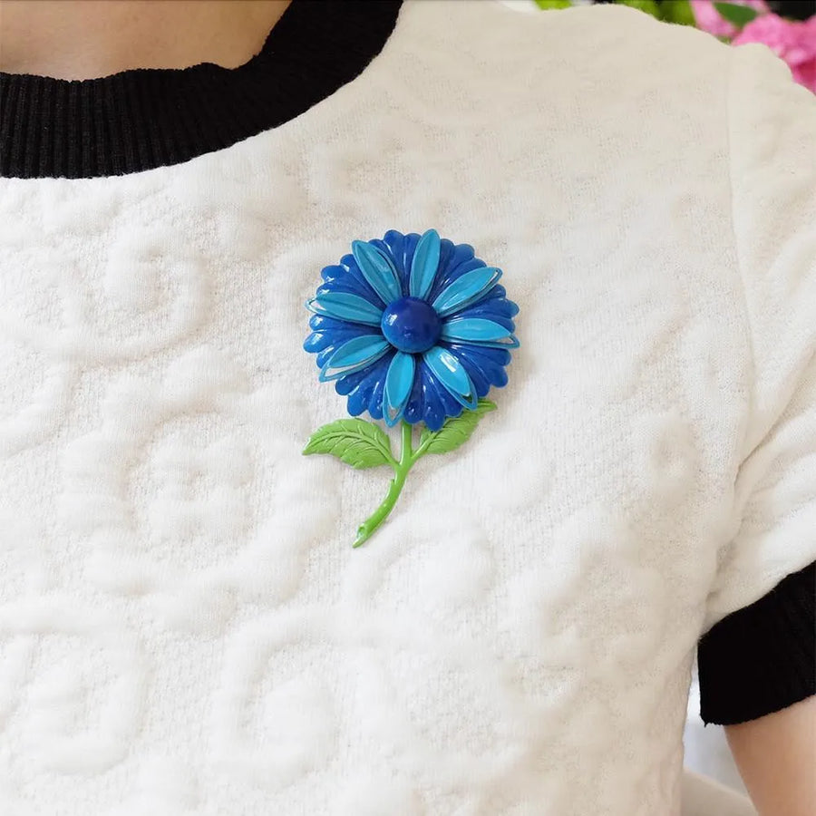 Vintage 1960s Blue Enamel Flower Brooch - Mayveda Jewelry