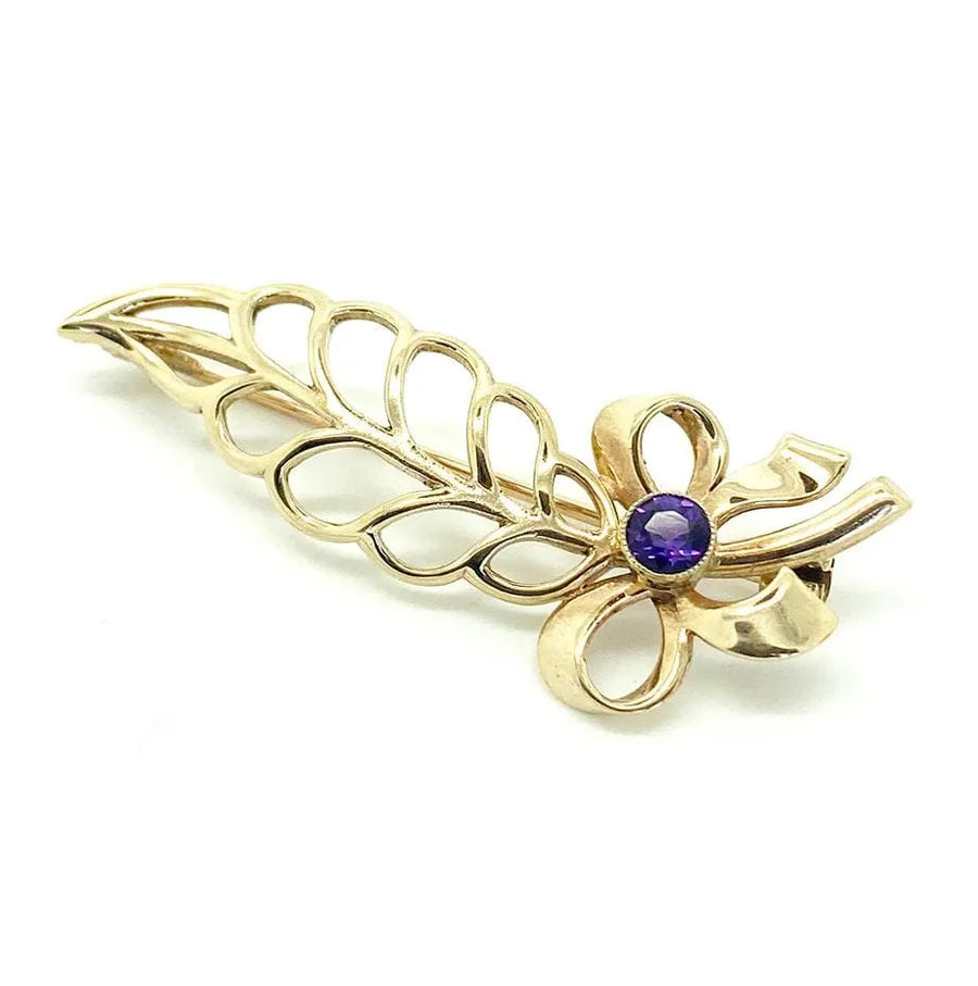 1960s Brooch Vintage 1960s Feather Bow Amethyst 9ct Gold Brooch