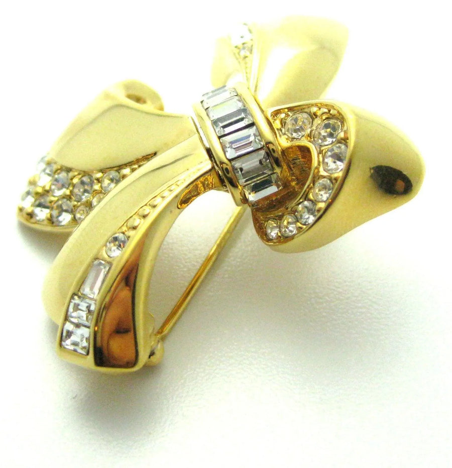 Vintage 1960s Gold & Diamante Bow Brooch - Mayveda Jewelry
