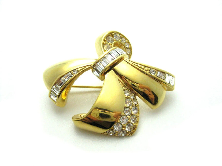Vintage 1960s Gold & Diamante Bow Brooch - Mayveda Jewelry