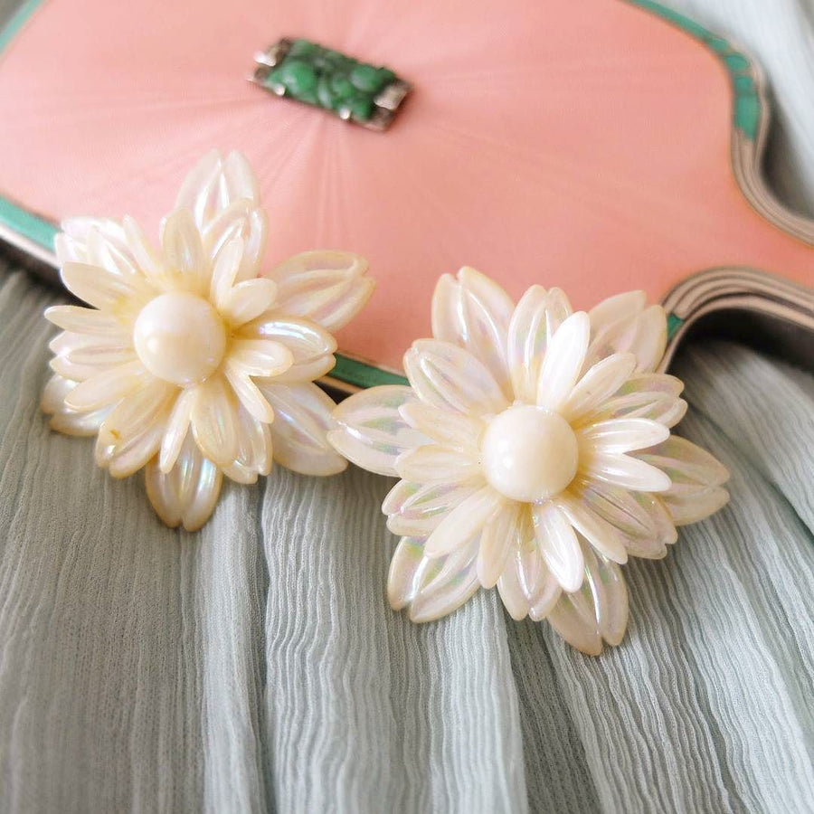 Vintage 1960's Lucite Cream Flower Earrings