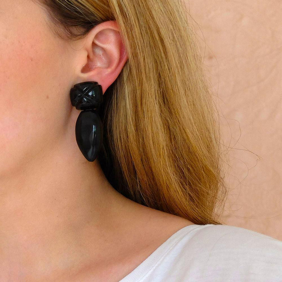 Vintage 1960s Black Plastic Clip on Drop Earrings