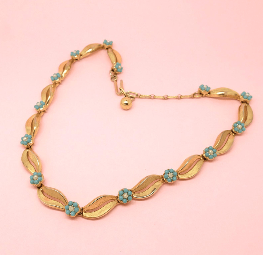 1960s Necklace Reserved - Vintage 1960's Trifari Turquoise Flower Gold Plated Choker Necklace
