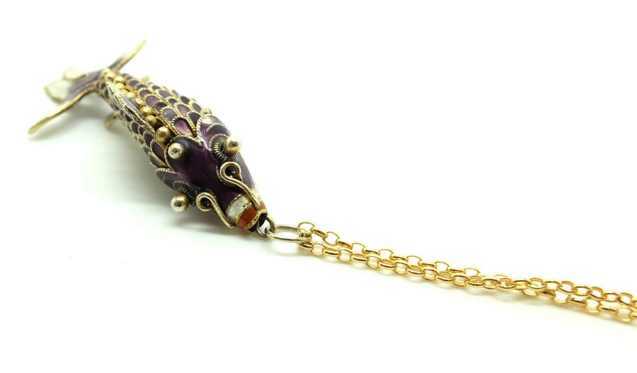 Vintage 1960's Enamel Articulated Purple Fish Pendant Necklace