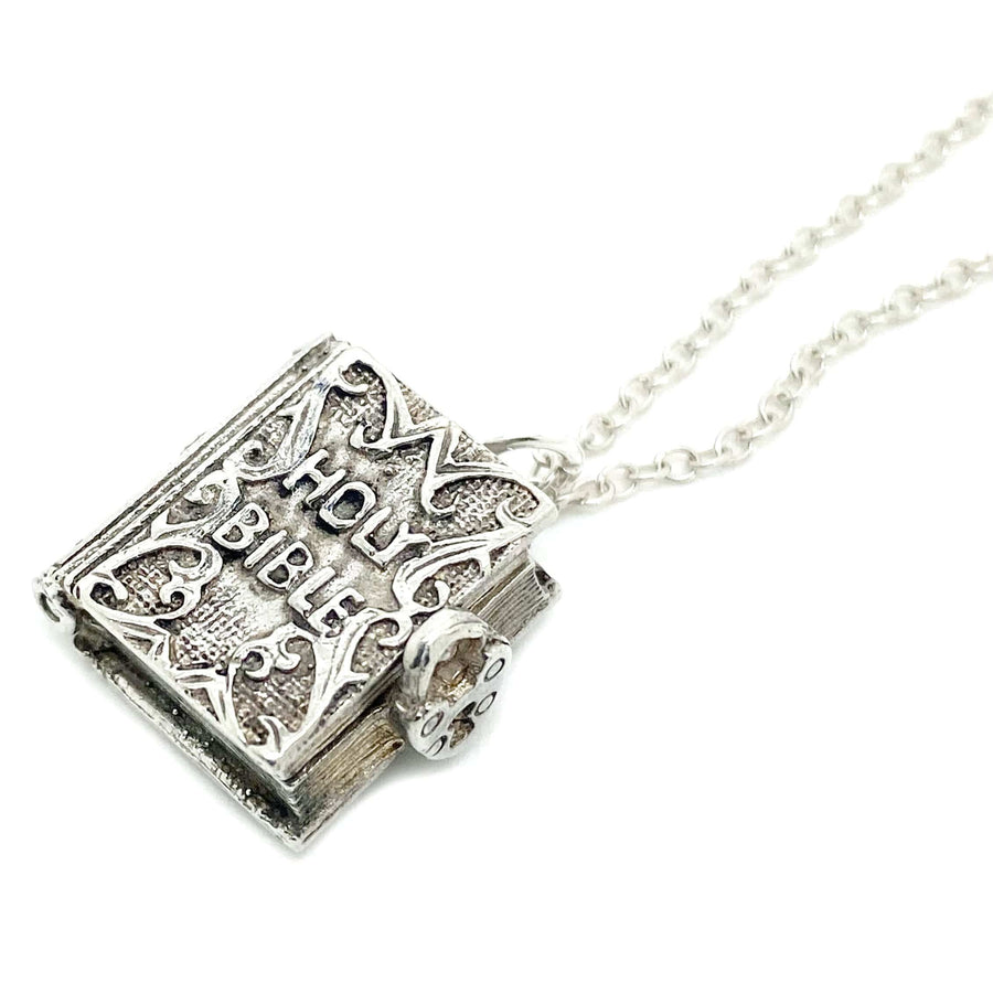1960s Necklace Vintage 1960s Holy Bible Silver Book Charm Necklace