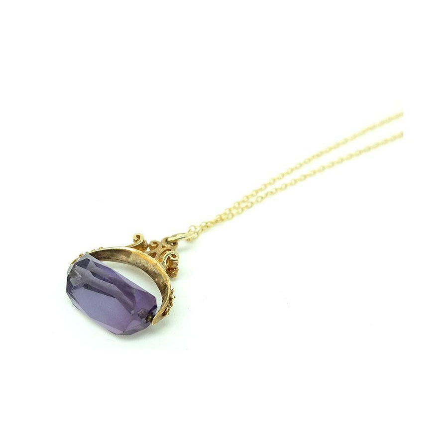 Vintage 1967 Amethyst Glass 9ct Gold Fob Charm Necklace