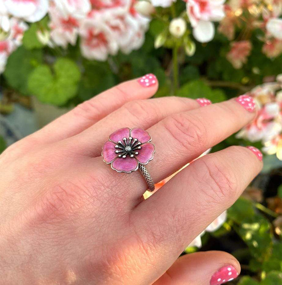 1960s Ring Vintage 1960's Sterling Silver Pink Enamel Flower Ring
