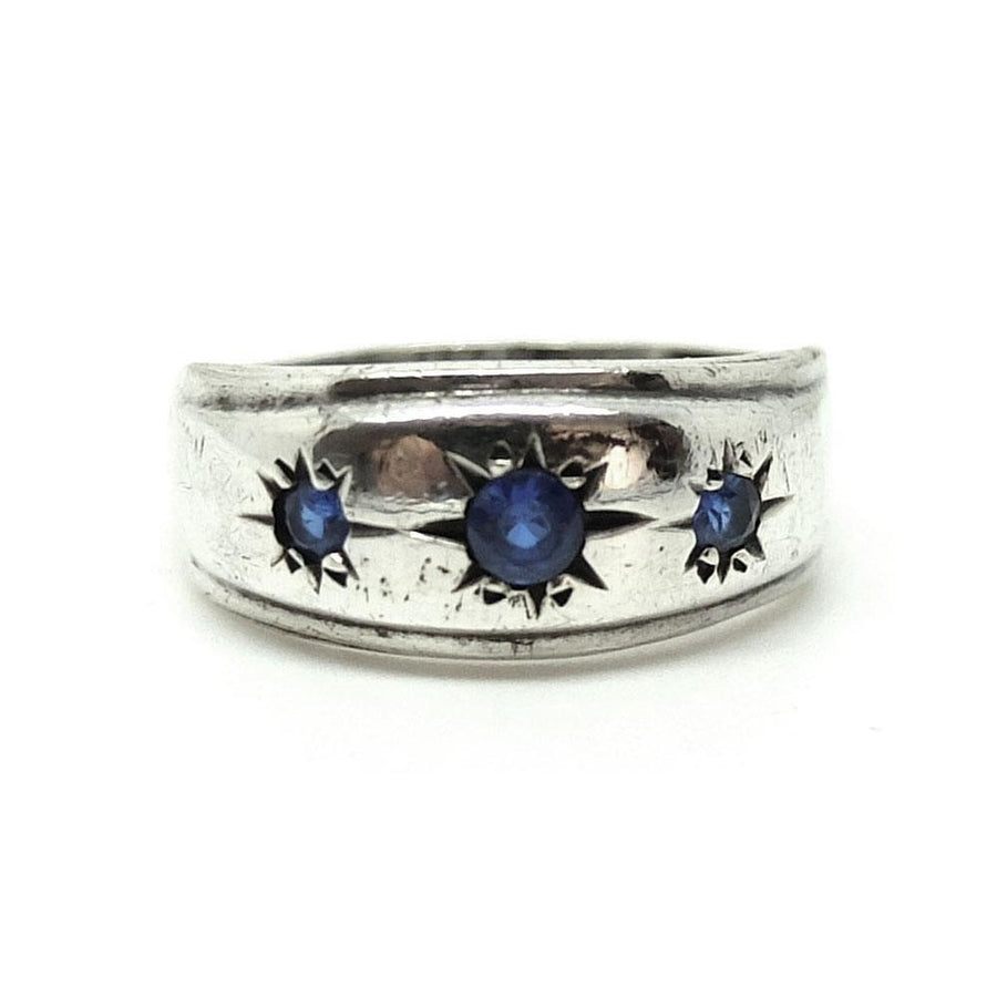 Vintage 1960s Blue Glass Silver Gypsy Ring