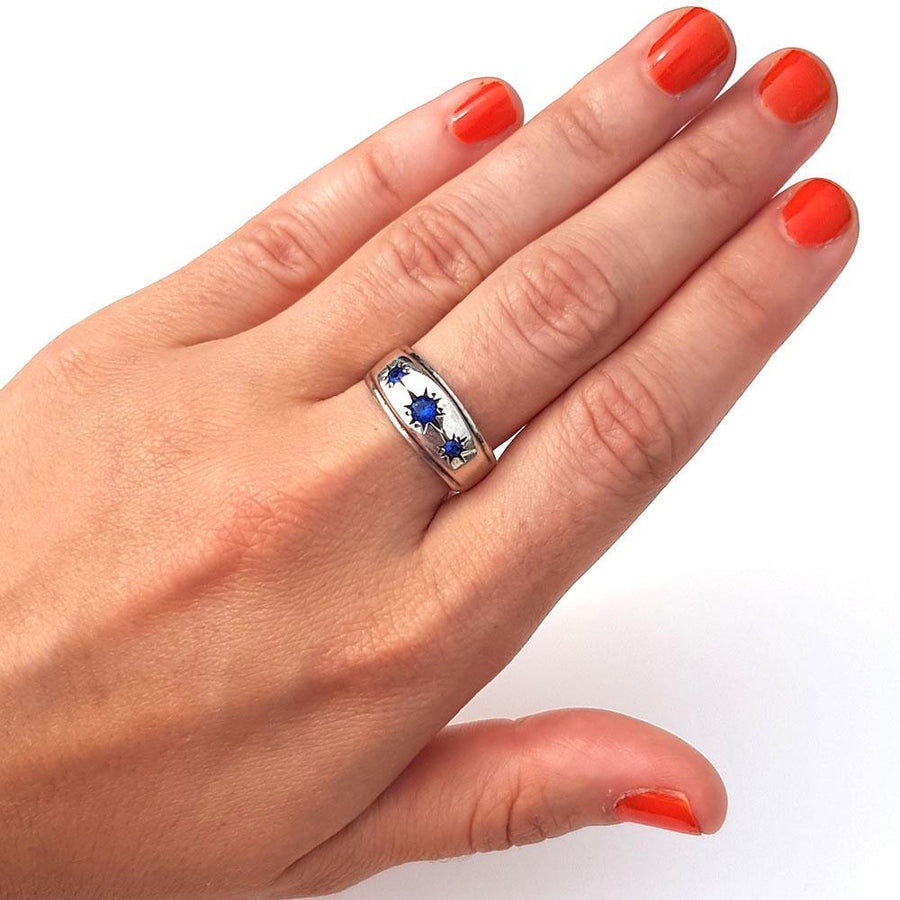 Vintage 1960s Blue Glass Silver Gypsy Ring