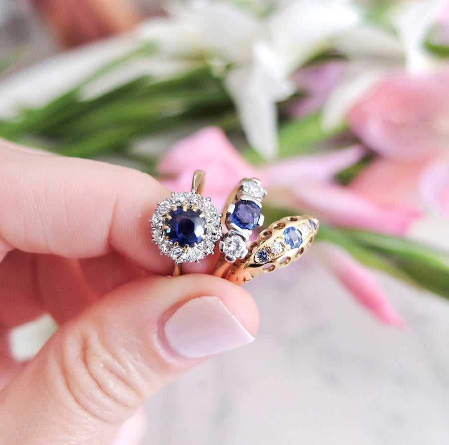 1960s Rings Vintage 1960s Sapphire Diamond Halo 18ct Gold Ring Mayveda Jewellery