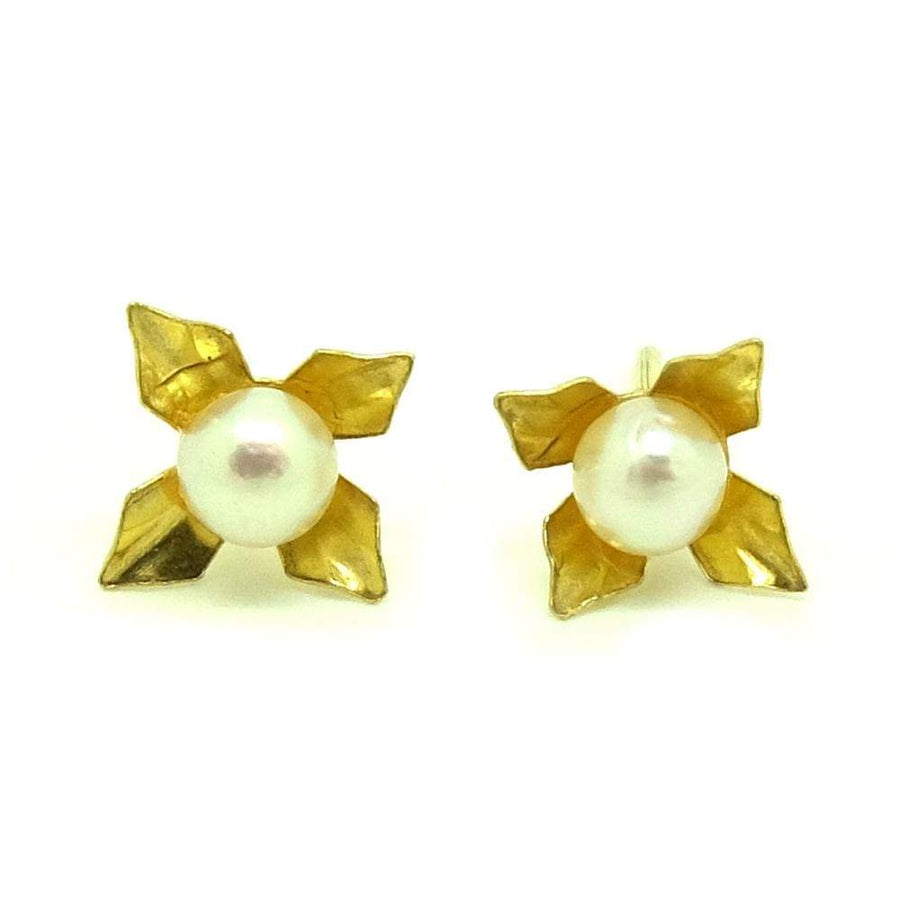 Vintage 1970s 9ct Yelllow Gold Pearl Flower Earrings
