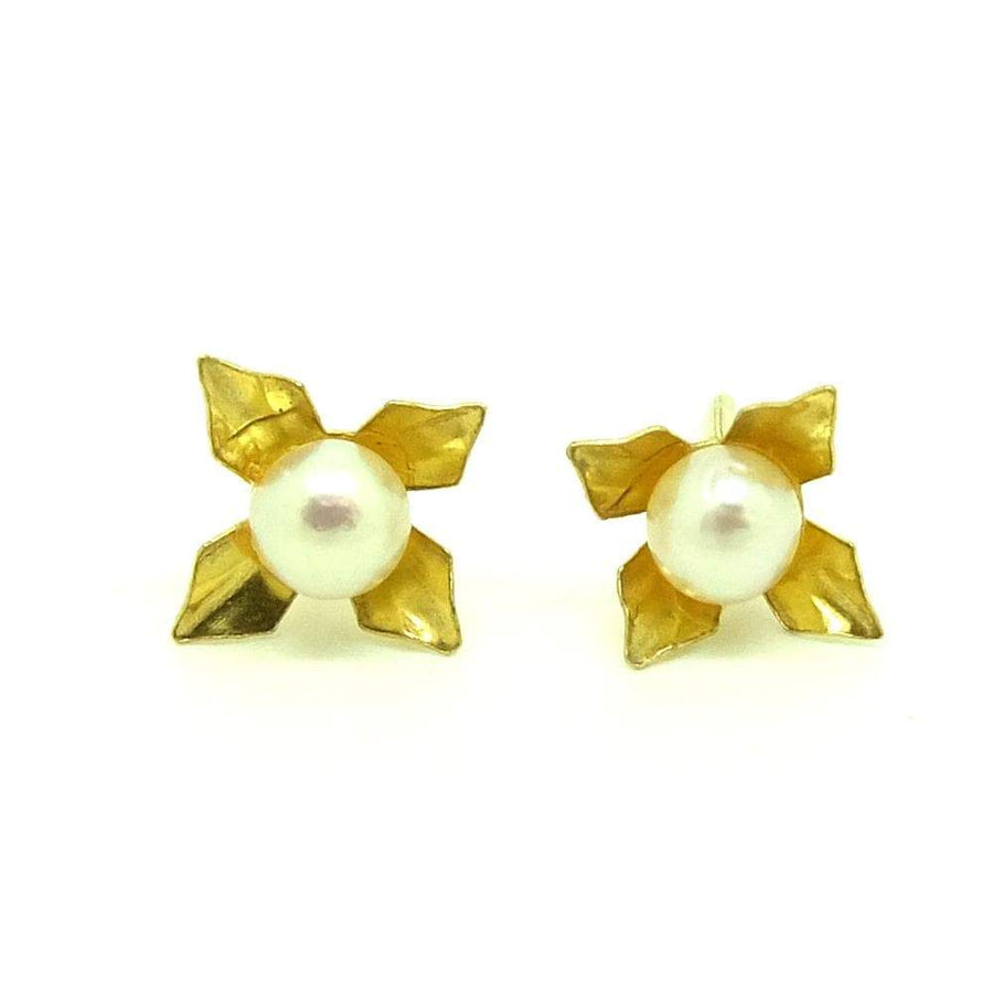 Vintage 1970s 9ct Yelllow Gold Pearl Flower Earrings