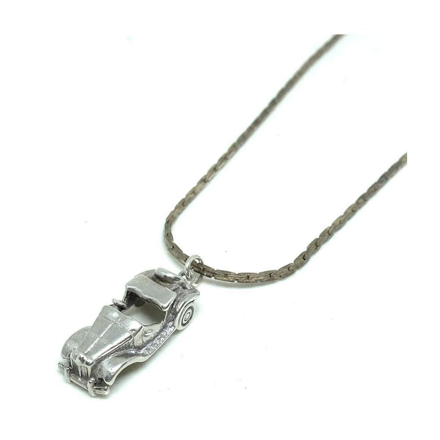 Vintage 1960s Silver Roadster Racing Car Silver Charm Pendant Necklace