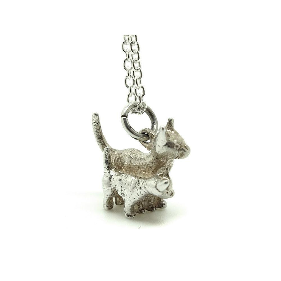 Vintage 1970's Cat & Kitten Sterling Silver Charm Necklace