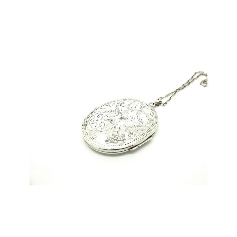 Vintage 1970s Large Oval Engraved Silver Locket Necklace