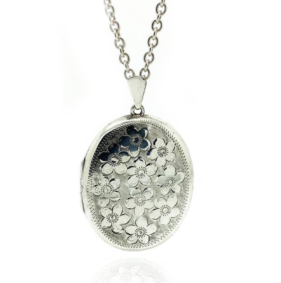 1970s Necklaces Vintage 1970s Forget-Me-Not Large Silver Locket Necklace Mayveda Jewellery