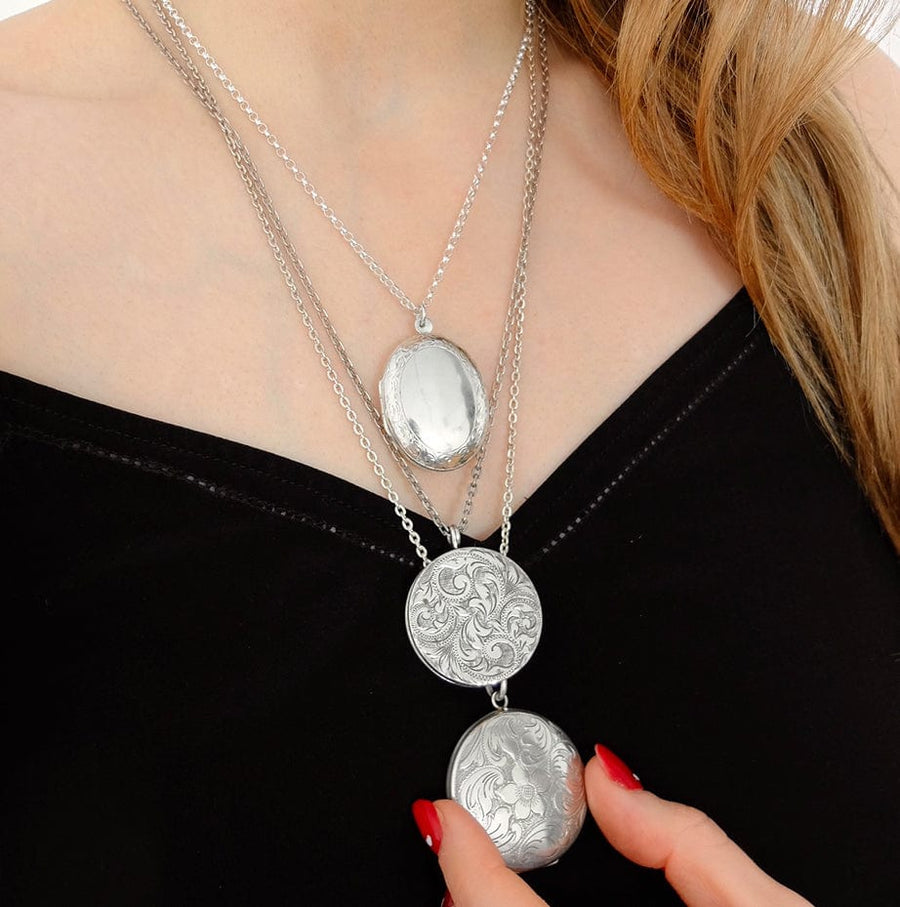 1970s Necklaces Vintage 1970s Oval Engraved Locket Necklace Mayveda Jewellery