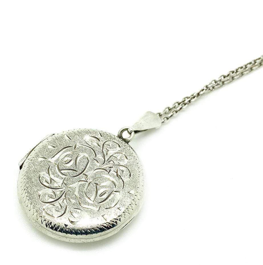 1970s Necklaces Vintage 1970s Silver Engraved Round Locket Necklace Mayveda Jewellery