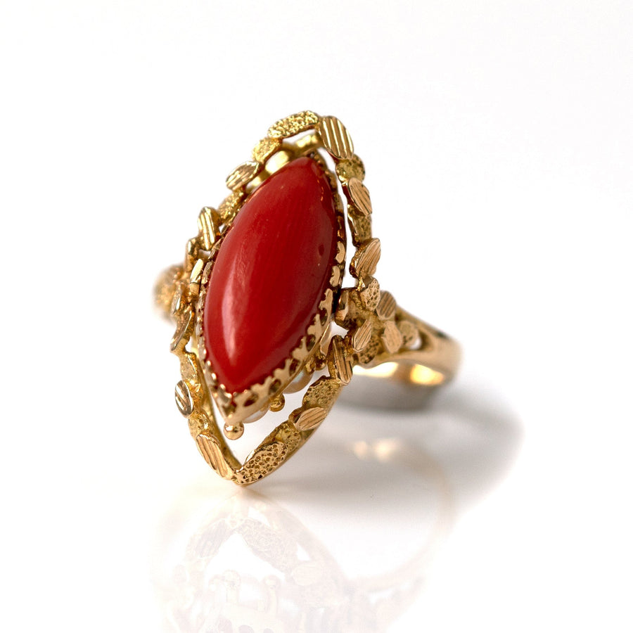 1970s Rings Vintage 1970s Swivel Coral and Pearl 18ct Gold Ring Mayveda Jewellery