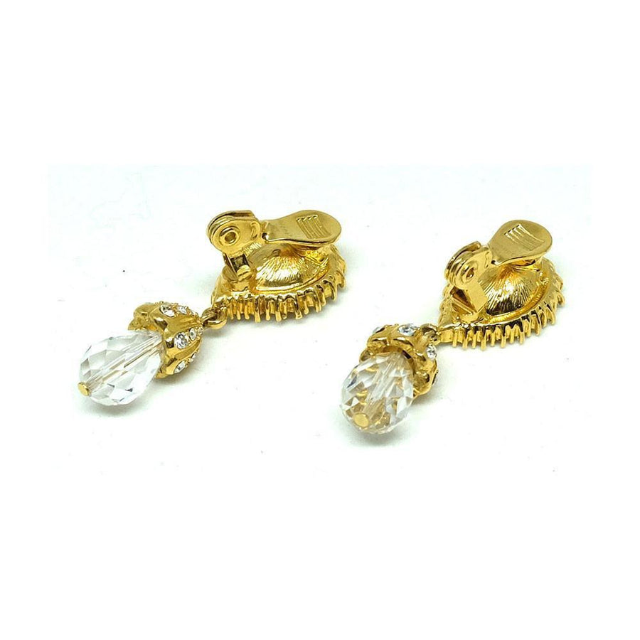 Vintage 1980s Monet Black Glass Clip Diamante Earrings