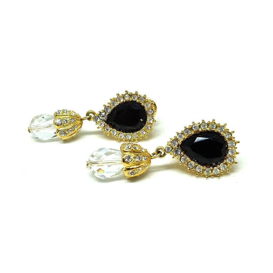Vintage 1980s Monet Black Glass Clip Diamante Earrings
