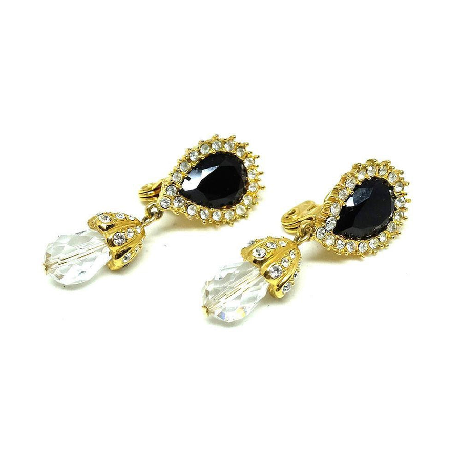 Vintage 1980s Monet Black Glass Clip Diamante Earrings