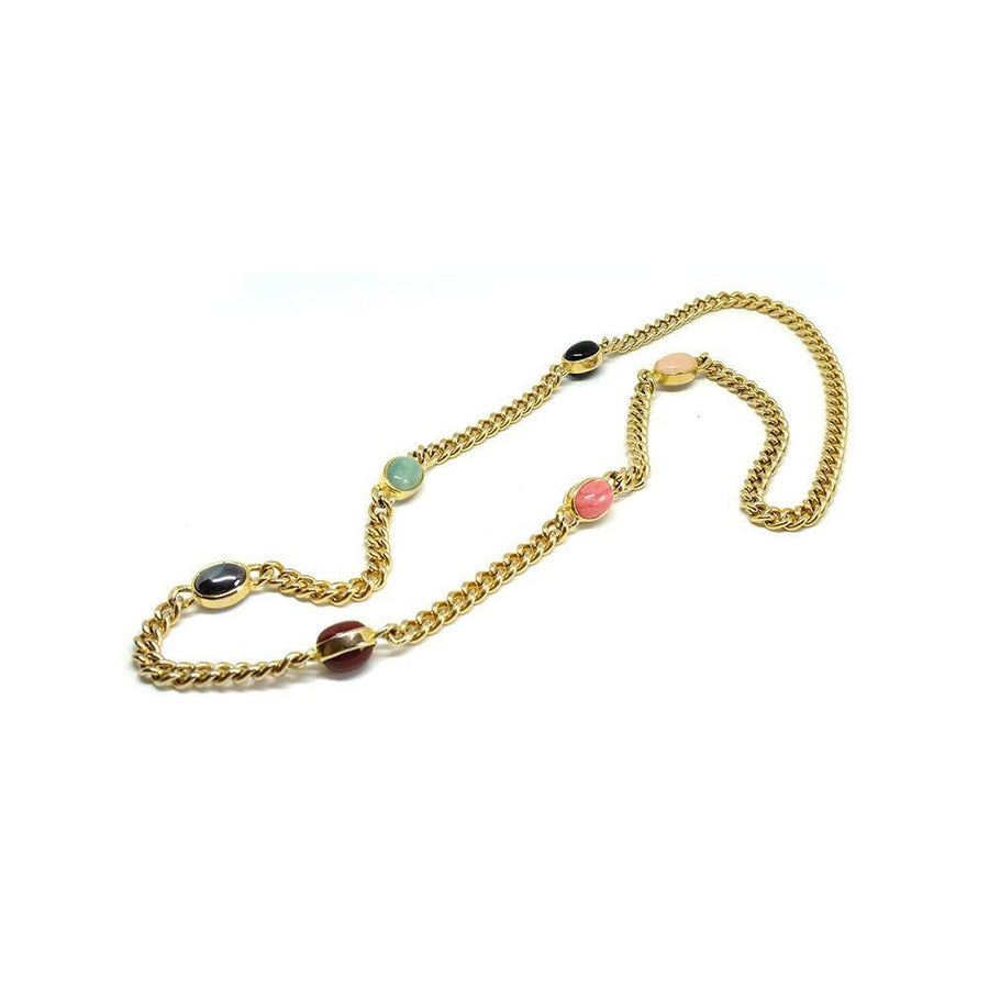 Vintage 1980's Glass Gemstone Curb Link Gold Chain Necklace