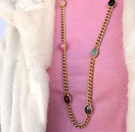 Vintage 1980's Glass Gemstone Curb Link Gold Chain Necklace