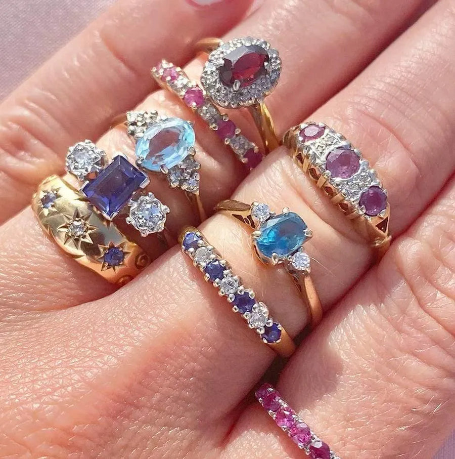 Vintage 1980s Blue Topaz Diamond 9ct Gold Ring - Mayveda Jewelry