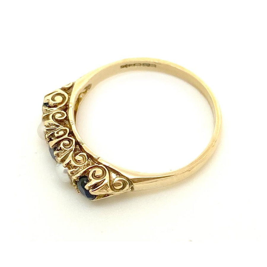 Vintage 1980s Sapphire & Pearl Ornate 9ct Gold Ring